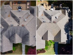 Roof Cleaning before and after drone photo