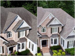 Drone image of a roof wash before and after photo